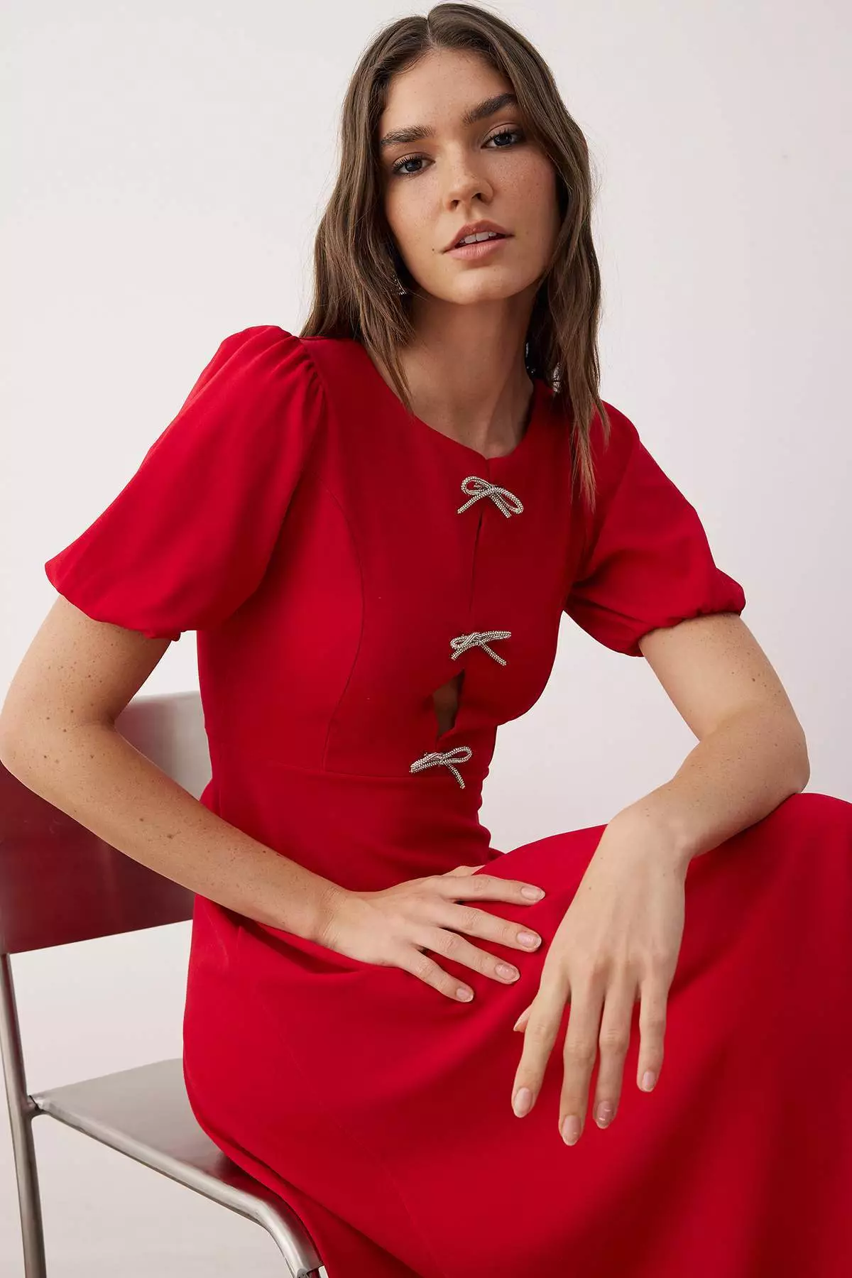 Red A-Line Bow Knitted Elegant Evening Graduation Dress