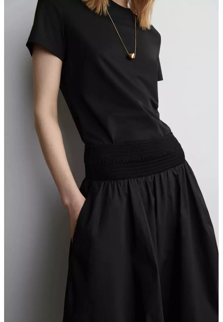 SMOCKED PANELLED MIDI SKIRT