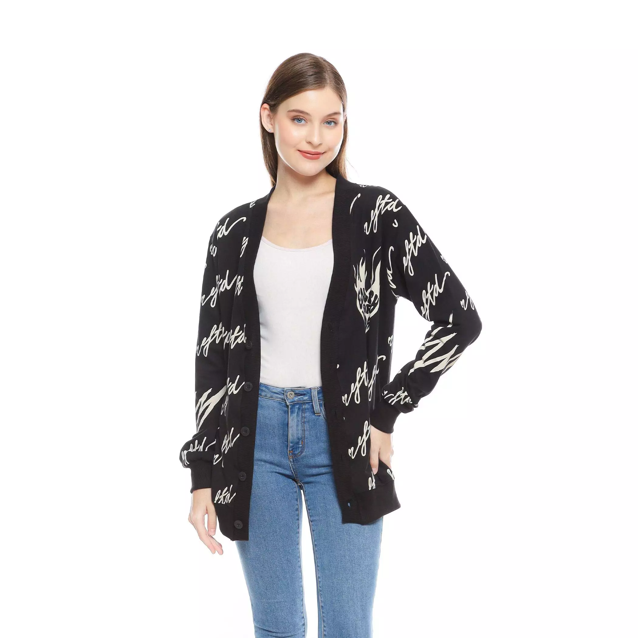 Enough For Today - Sweater Cardigan Motif Korea Love Eftd Hitam Sablon Discharge Bahan Katun Babyterry  Outer Wanita