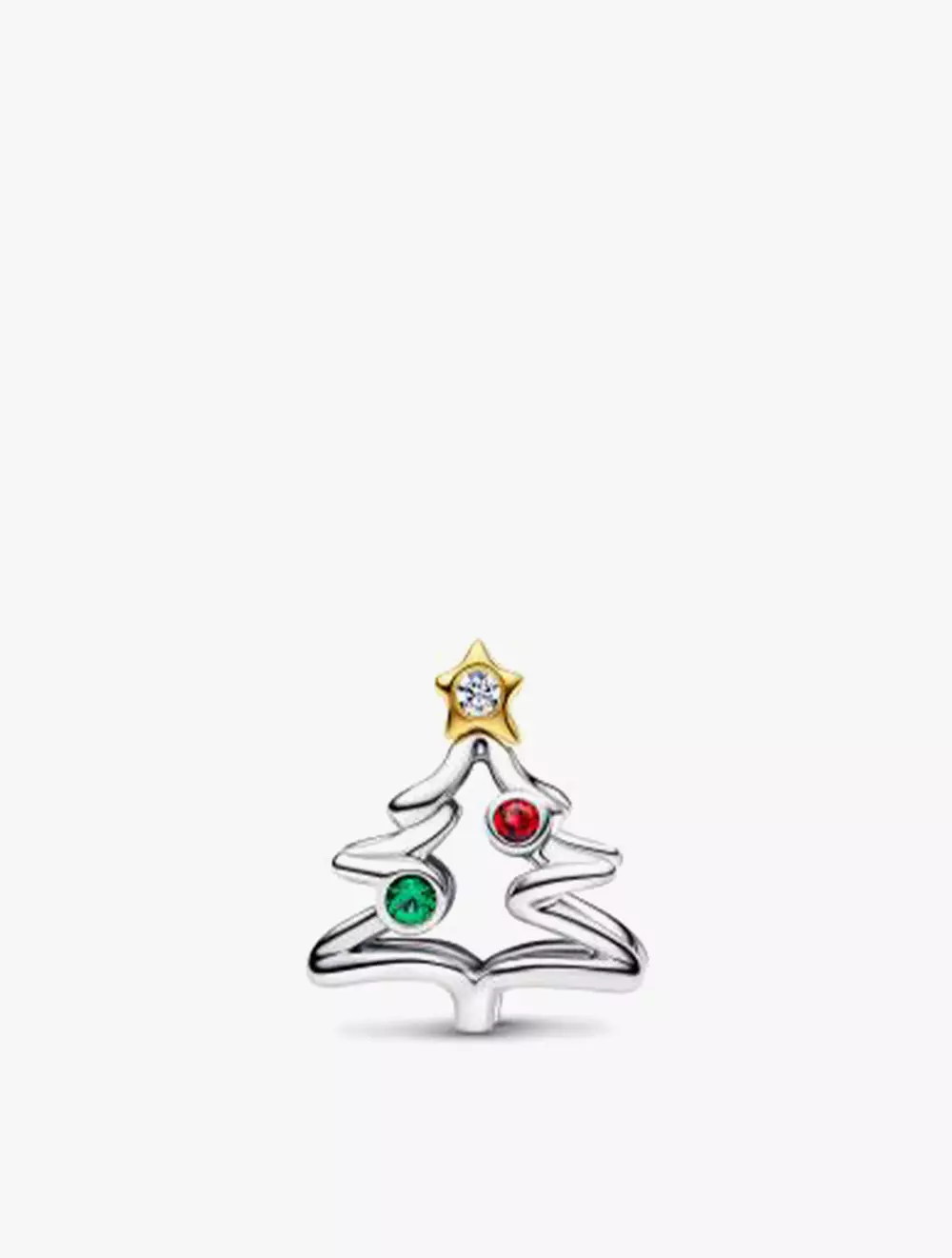 Christmas Tree Sterling Silver and 14k Gold-Plated Charm with Clear Cubic Zirconia, Salsa Red and Royal Green Crystal