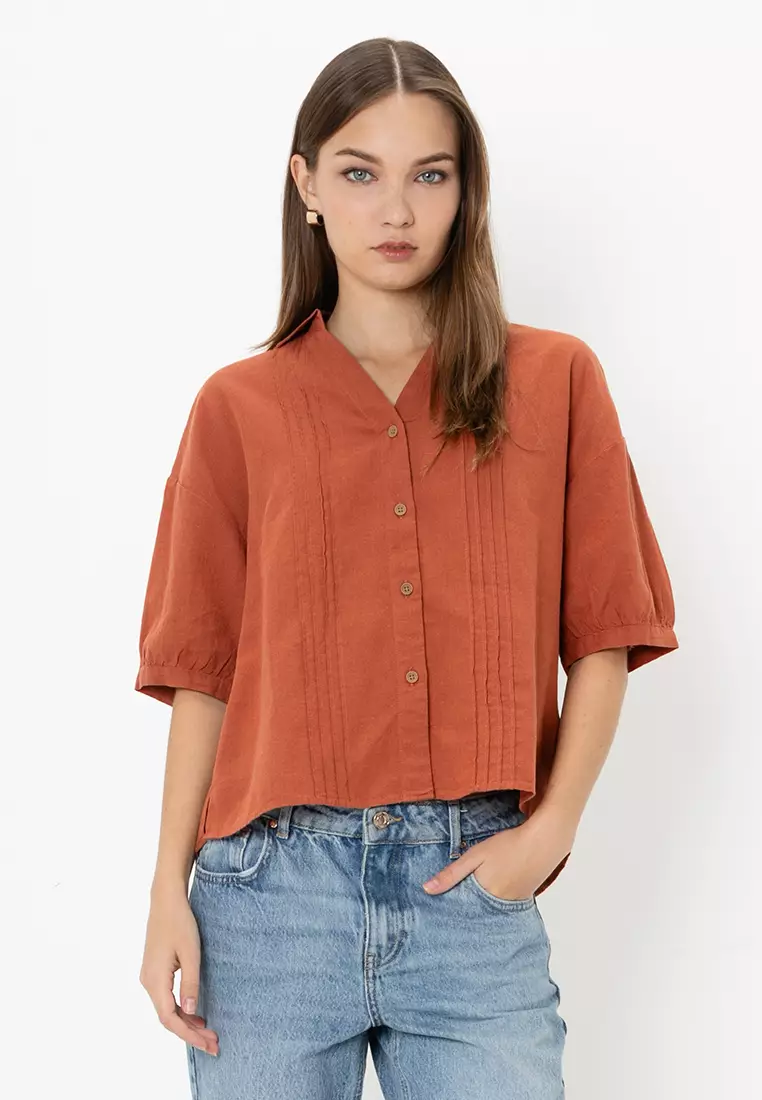 Buy Giordano Women's V-Neck Loose Linen Cotton Shirt 05344209