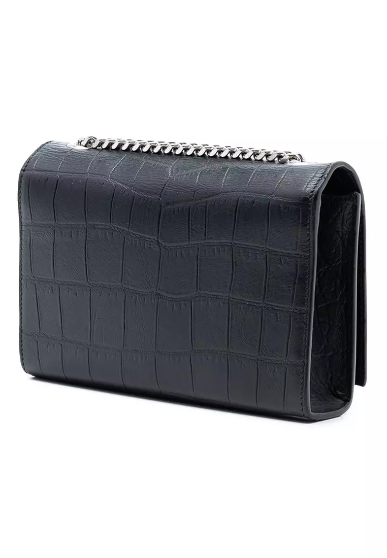 Pre-Loved Saint Laurent Small Croc Embossed Leather Monogram Kate Tassel Crossbody