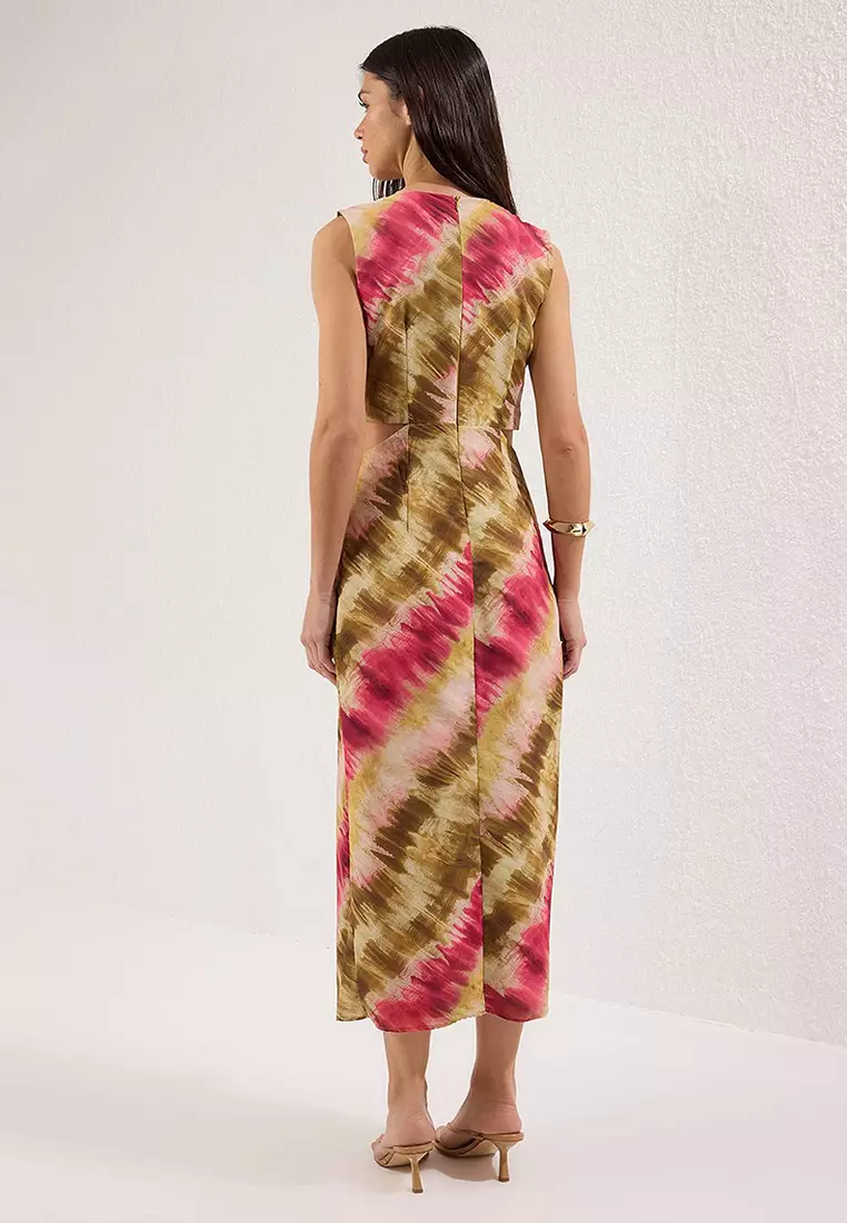 Multicolored Abstract Patterned Waist Low Cut Maxi Dress