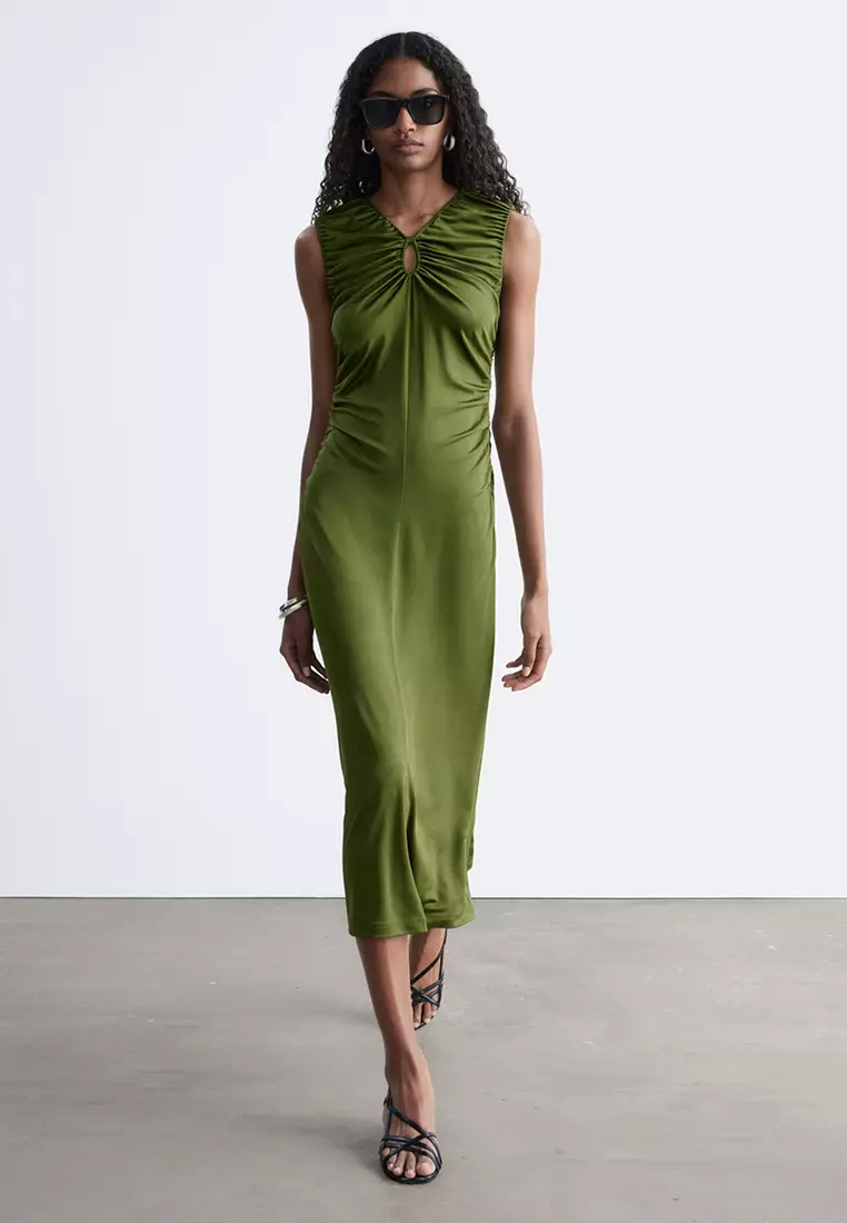 Ruched Keyhole-Neck Midi Dress