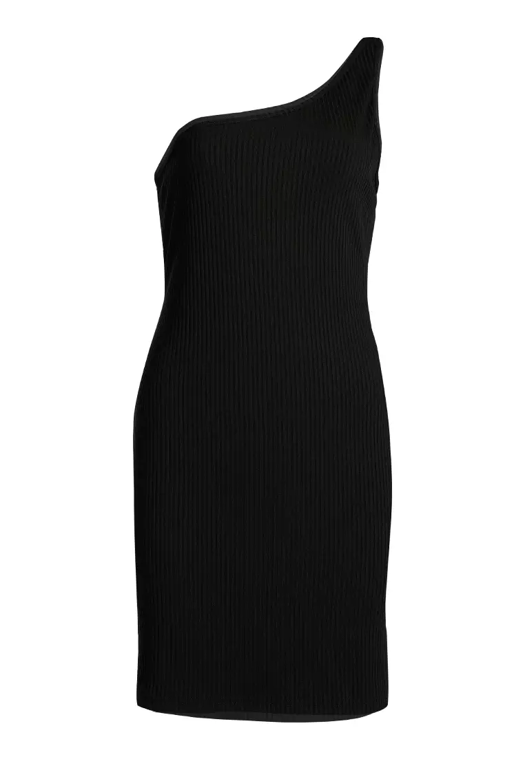 Gaun Rajutan Bodycon Satu Bahu Hitam