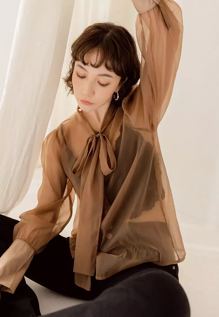 Sexy Sheer Mesh Open-Front Shirt with Front Tie Bow [AB17971]