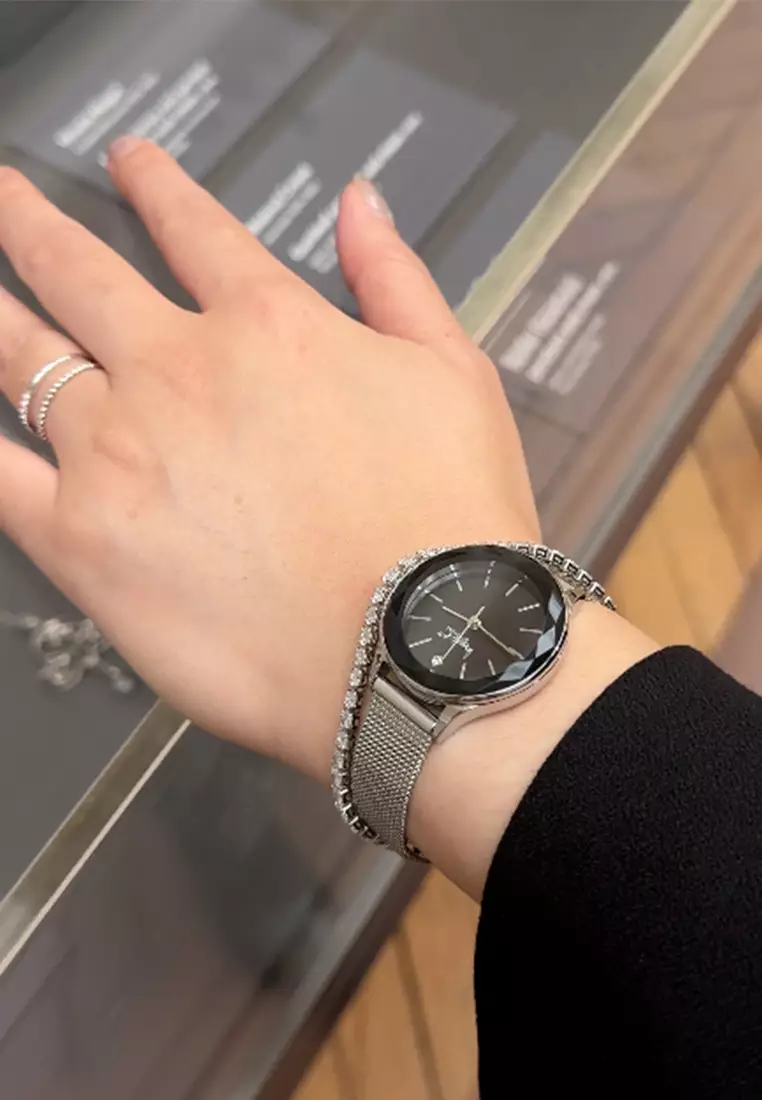 Geometric Mineral Glass Feat SWAROVSKI®Crystal Watch Silver Black