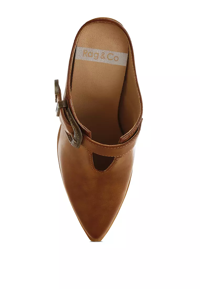 Carved Buckle Statement Mules in Tan