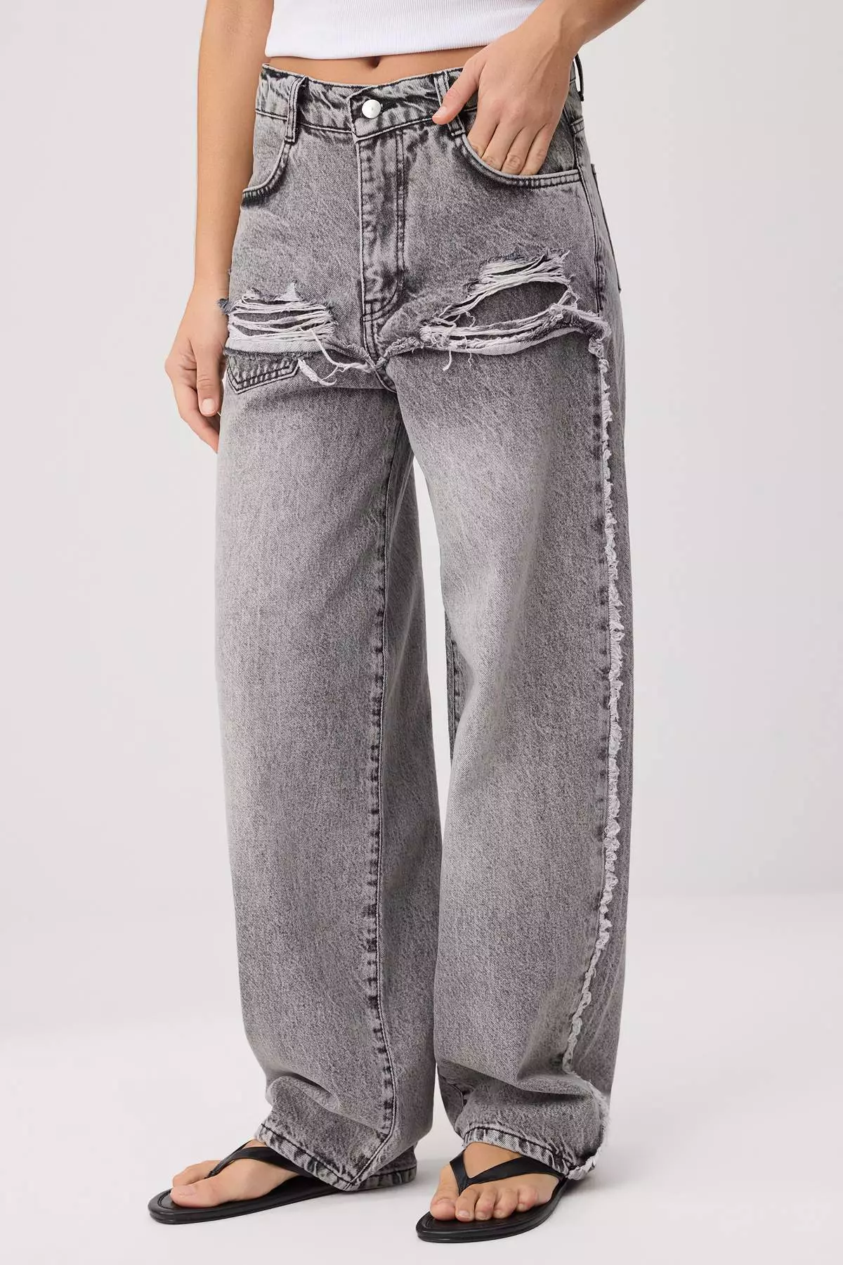 Gray Ripped Detailed High Waist Wide Leg Jeans Twoss26Je00353