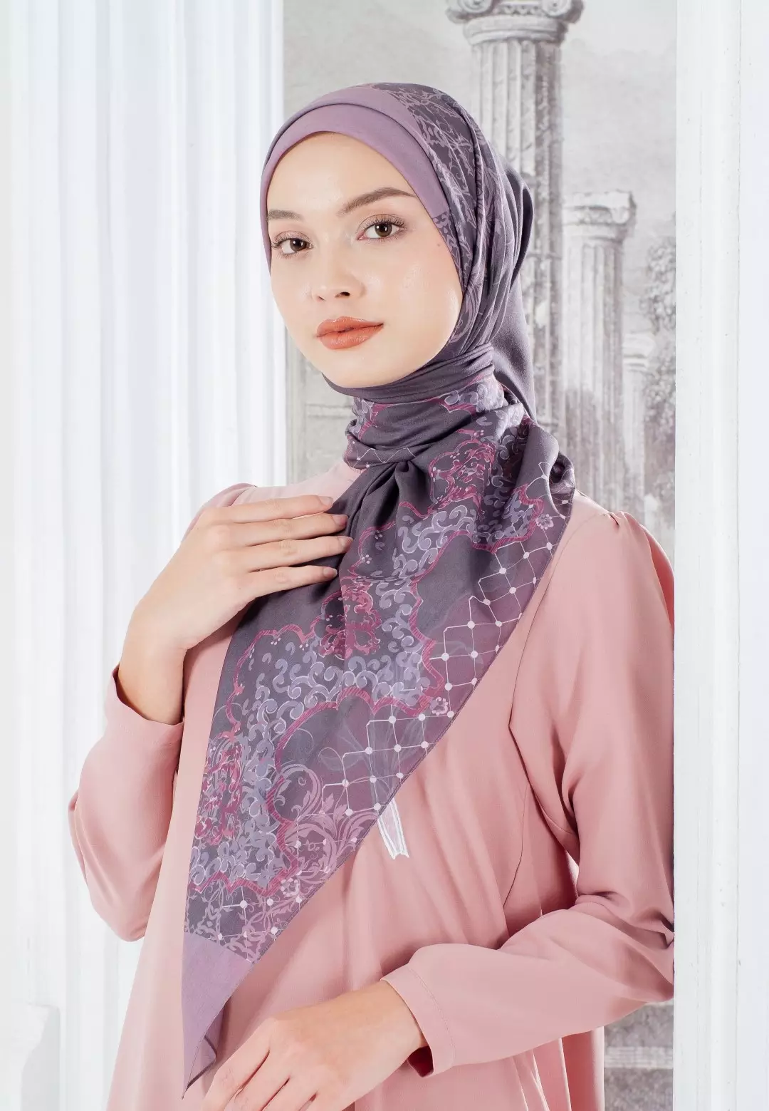 FUGY Scarf Maroon - Kerudung Hijab Segiempat Motif With BOX - Bahan Voal Premium - Ukuran 115x115