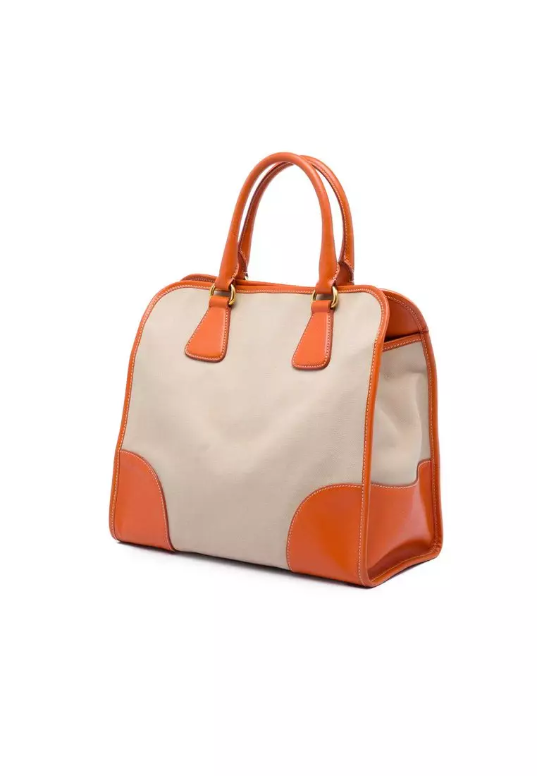 Pre-Loved Prada Saffiano Trimmed Canvas Canapa Satchel