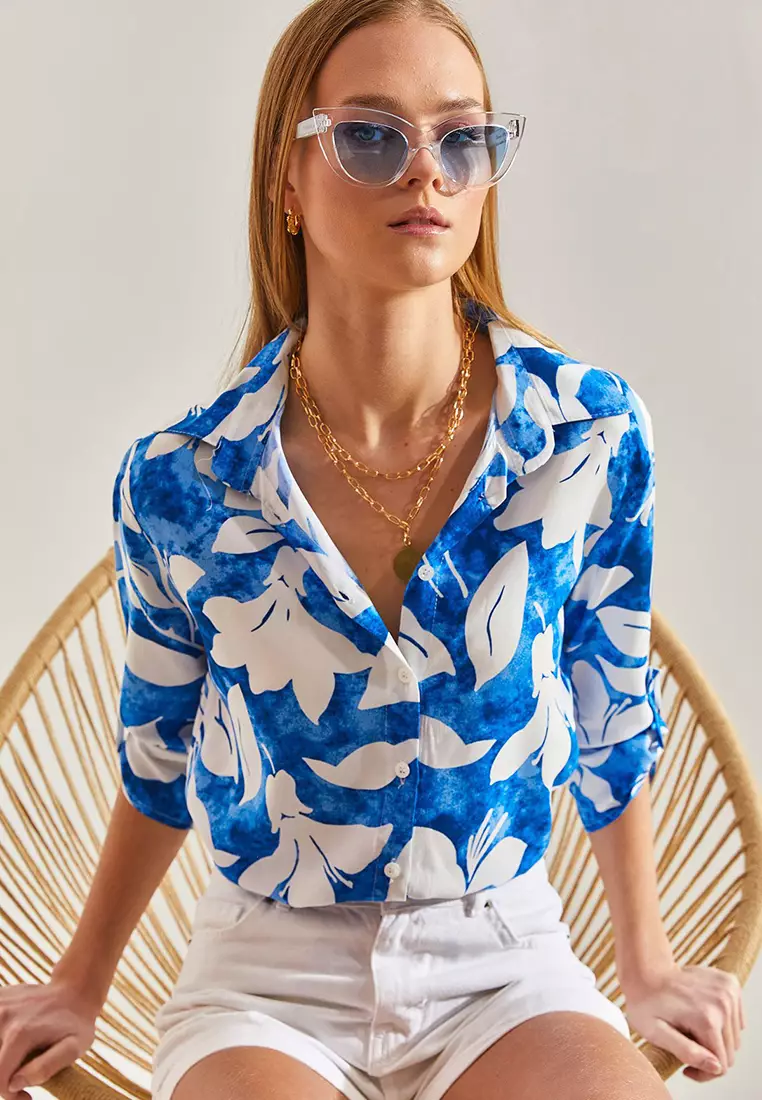Women's Large Leaf Patterned Viscose Shirt 60101027