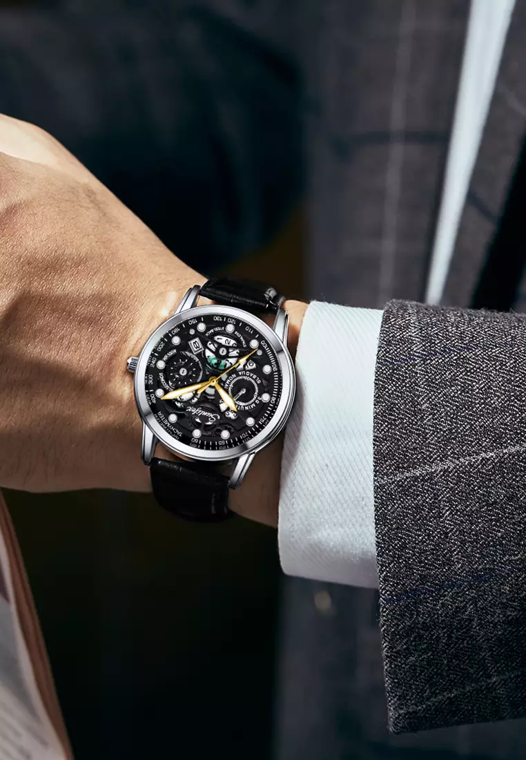 Jam Tangan Pria Dial Berongga Anti Air Kuarsa Tali Kulit Jam Pria Original Santai Mode Jam Tangan Cowok 7001 all black