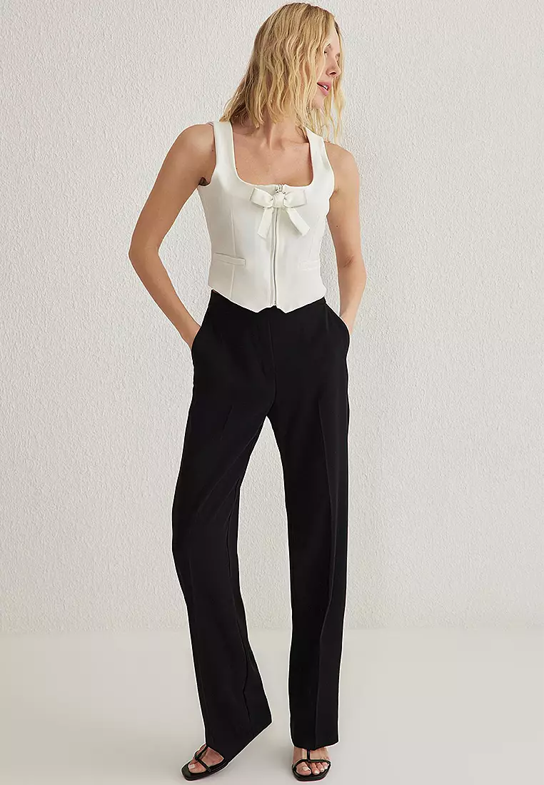 White Regular Ribbon Detail Woven Vest