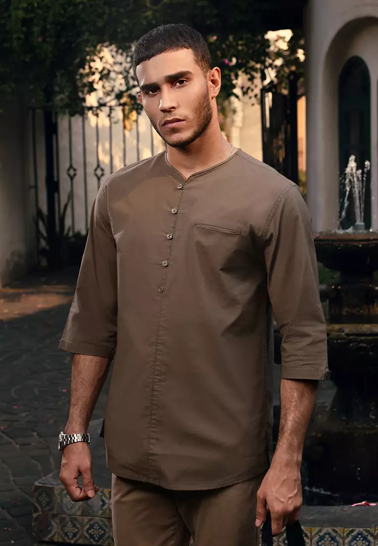 OXCON kemeja Vneck Henley Collarless shirt Olive Green