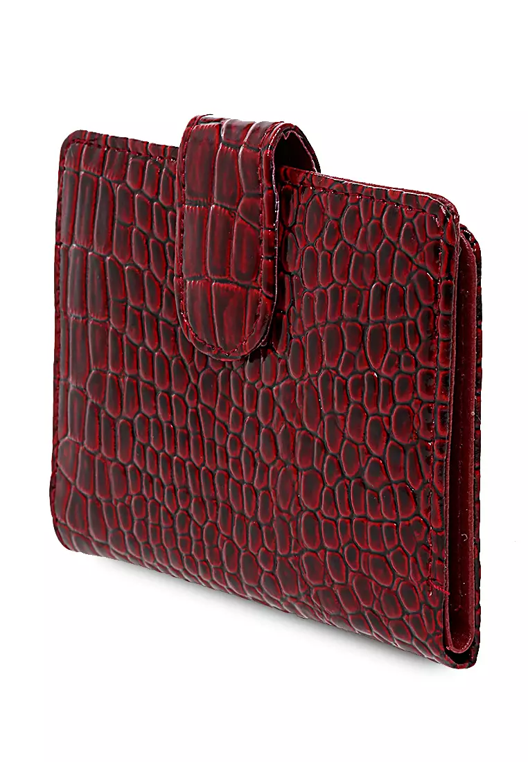 Dompet Kartu Motif Croco Detail Snap Kancing Card Wallet Wanita - Maroon