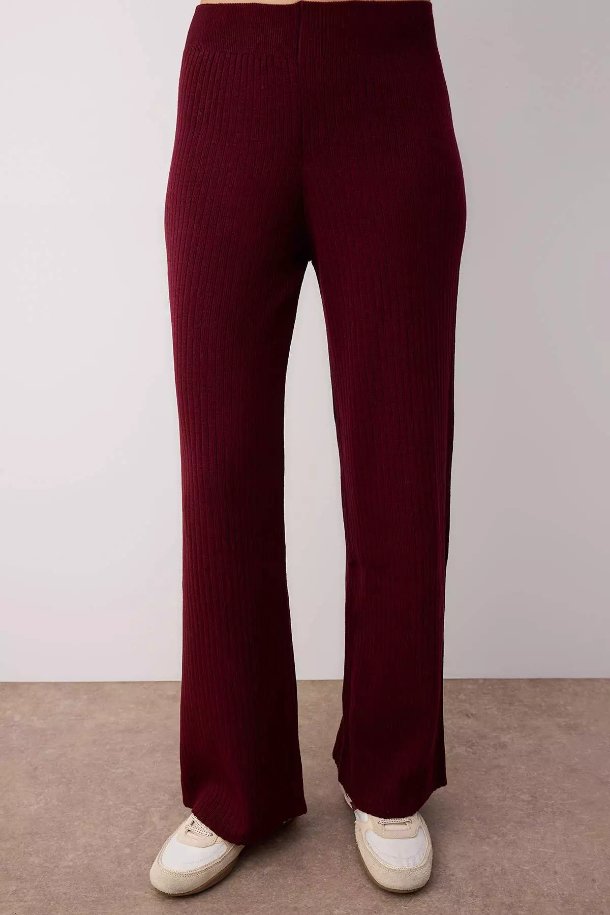 Claret Red Wide Pattern Basic Ribbed Knitwear Top-Bottom Set Twoss20Au0084