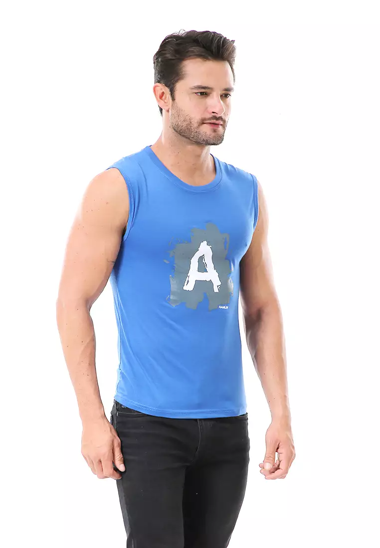 Bobby Atasan Kasual Pria Singlet Motif Huruf A Atasan Tanpa Lengan Material Cotton ORIGINAL - Blue