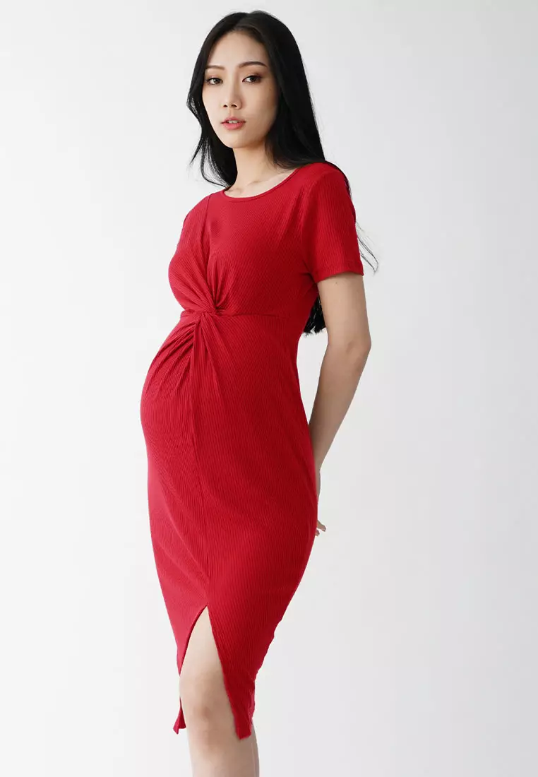 Buy 9months Maternity Red Front Twist Maternity Midi Ribbed Dress