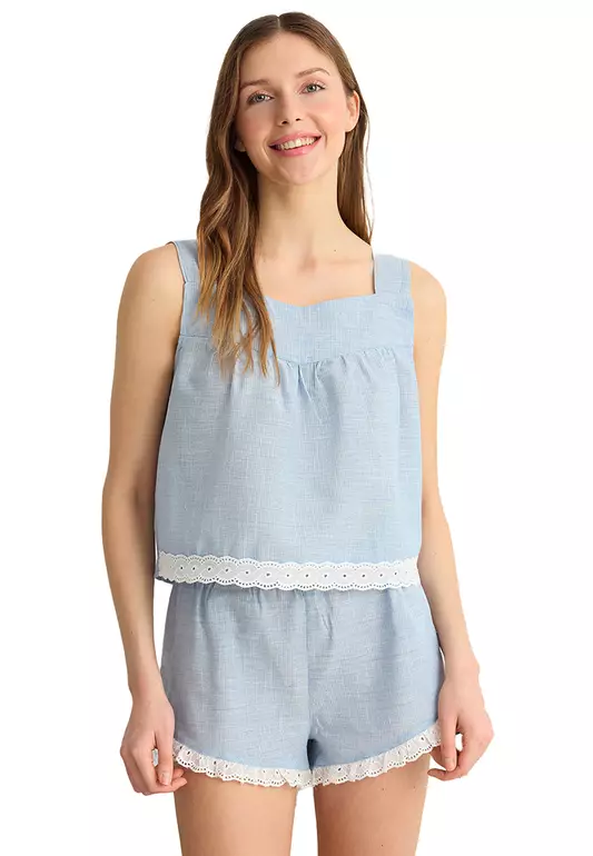 Blue Cotton Embroidered Poplin Pajama Set