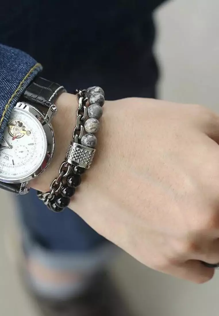 Aksesoris Gelang Pria Howlite Beaded Natural Stone Stainless Steel Chain Bracelet Black , Silver & Grey
