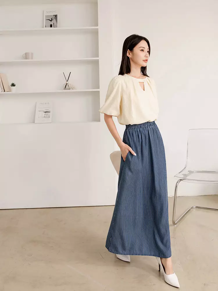 Cool Lightweight Denim Striped Side-Slit Long Skirt [CA2943]