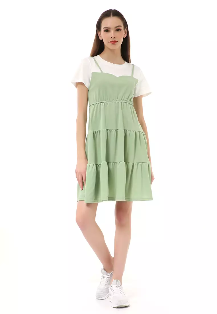 Rachel Midi Dress Wanita Lengan Pendek Model Menyatu Korean Style Material Cotton ORIGINAL - Green