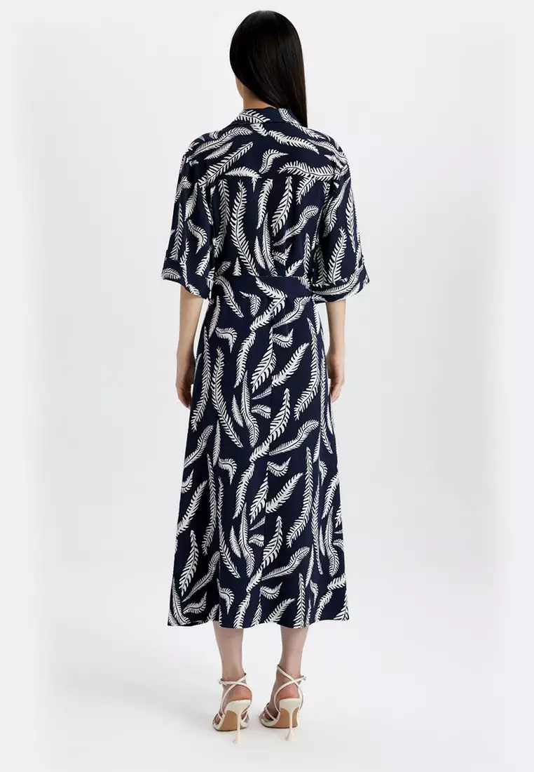 Shirt Collar Patterned Linen Blend Half Sleeve Midi Dress