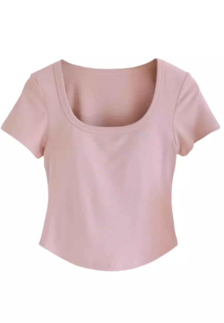 Irregular Hem Short-Sleeved T-Shirt with Chest Pad