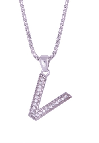 SHANTAL JEWELRY grey and white and silver Cubic Zirconia Silver Alphabet Letter 'V' Necklace SH814AC32ILNSG_1