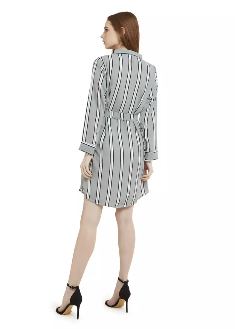 Mini Dress Chic With Belt Lengan Panjang Garis Dual Tone Color Baju Wanita - Grey