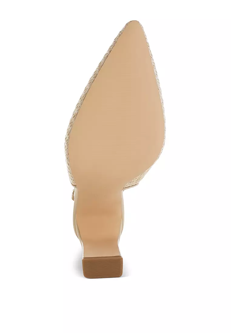 Raffia Pointy Toe Slingback Pumps In Beige