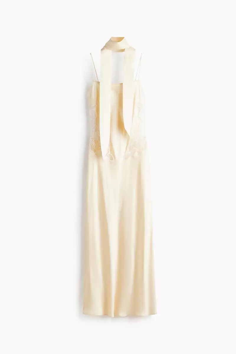 Lace-detail satin dress with scarf