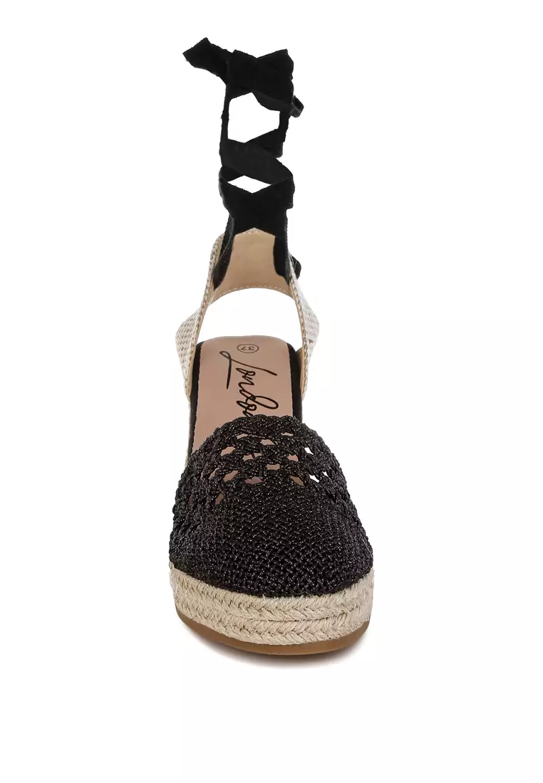 Black Woven Lace-Up Espadrille Wedges