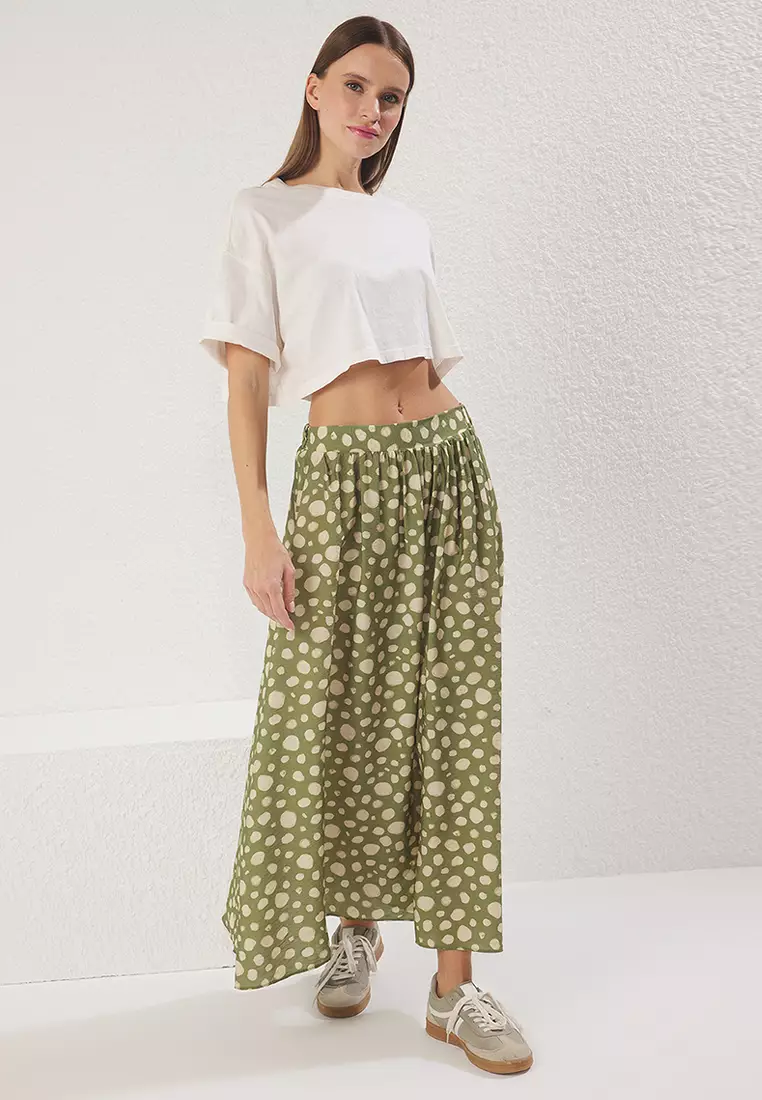 Polka Dot Patterned A-line/Flare Maxi Long Length Woven Skirt TWOSS25ET00156