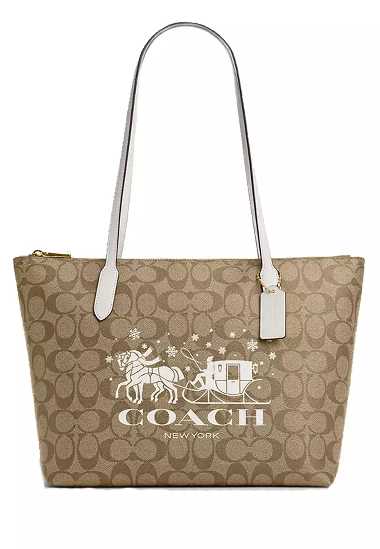 Jual COACH COACH ZIP TOP TOTE Women's Khaki White Horse and Carriage