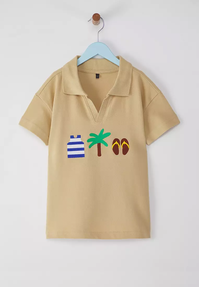 Men's Men's Stone Kids Polo 100% Cotton Printed Collar Knitted T-Shirt Tkdss25Ts00081