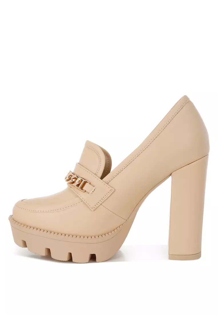 Chunky High Block Heeled Loafers in Beige
