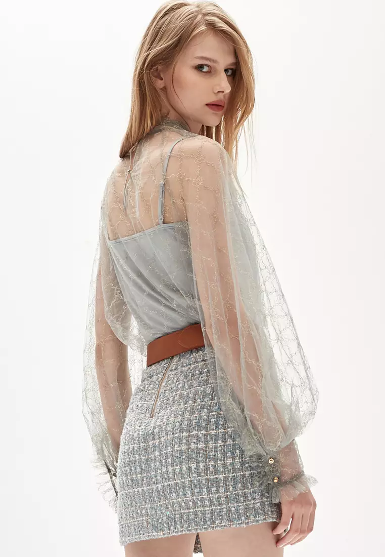 Grey Ribbon Bow Collar Lace Top