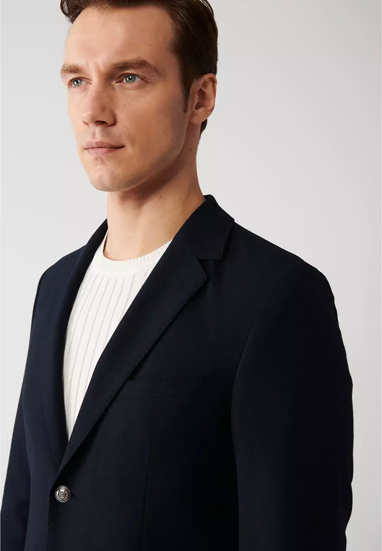 Men's Navy Blue Flap Pocket Lined Double Slit Woolen Jacket A32Y4029