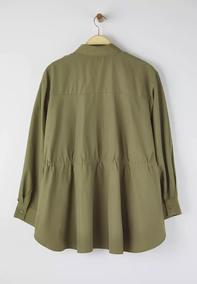 Khaki Pleated Woven Plus Size Shirt
