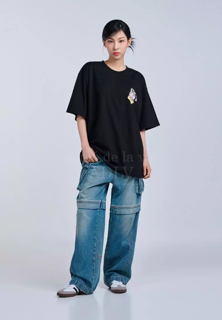 Mini Baby Face Cat Earplug Short Sleeve T-Shirt Black