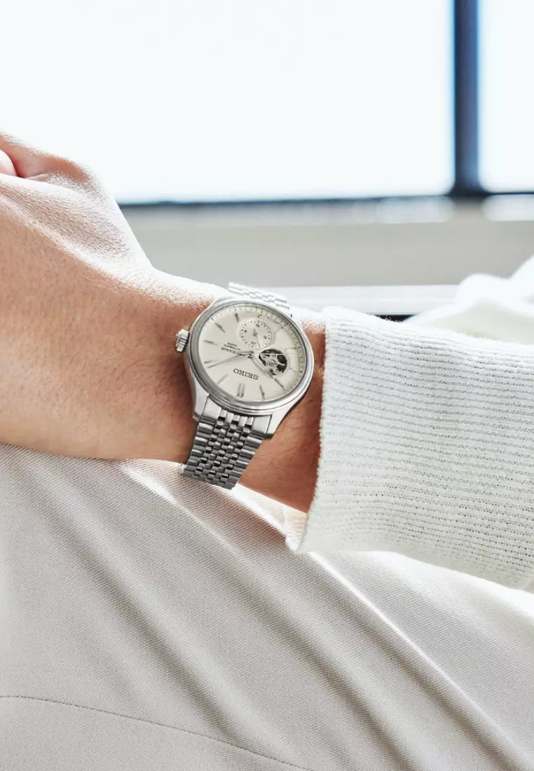 精工 Presage 經典系列半鏤空「Shiroiro」鏤空設計不鏽鋼錶帶自動手錶 SPB469J1