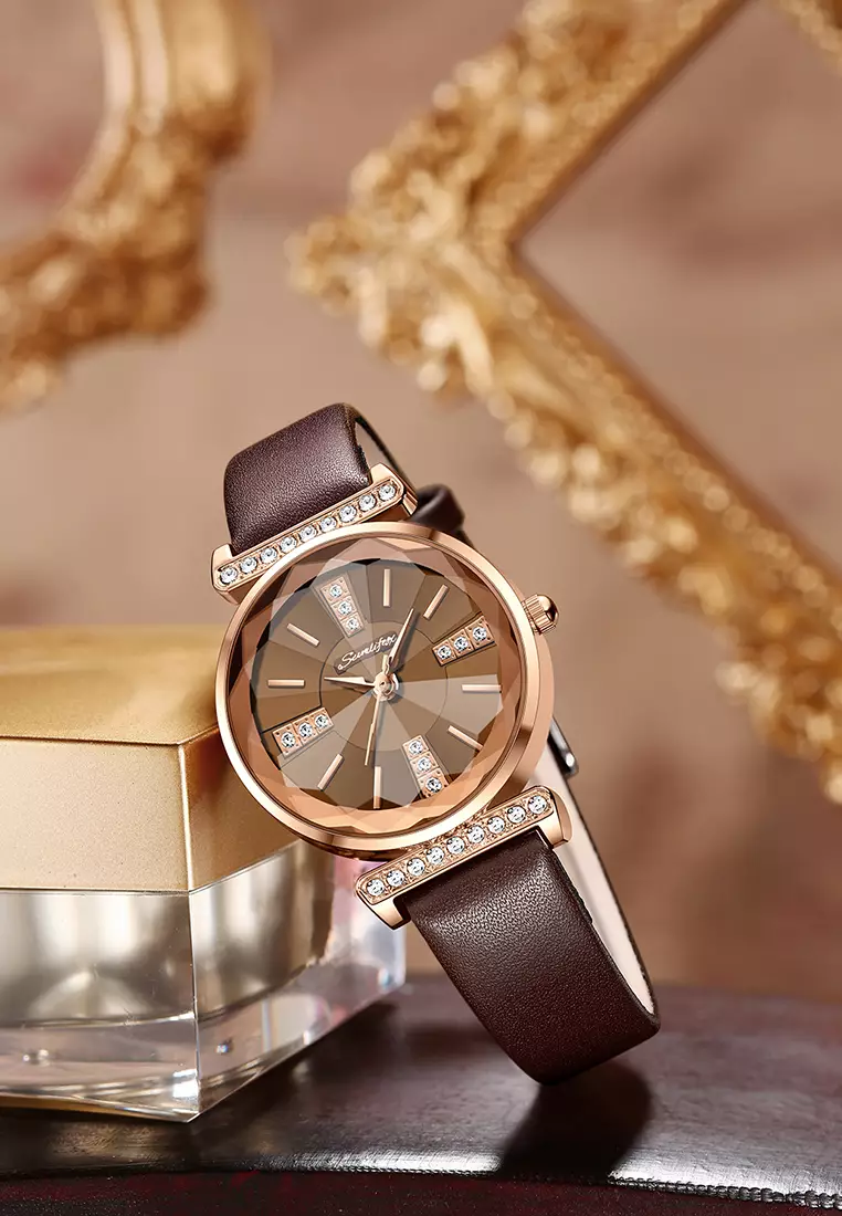 Jam Tangan Wanita Berlian Anggun Gaya Antik Tali Kulit Original Jam Tangan Cewek 8008 allbrown