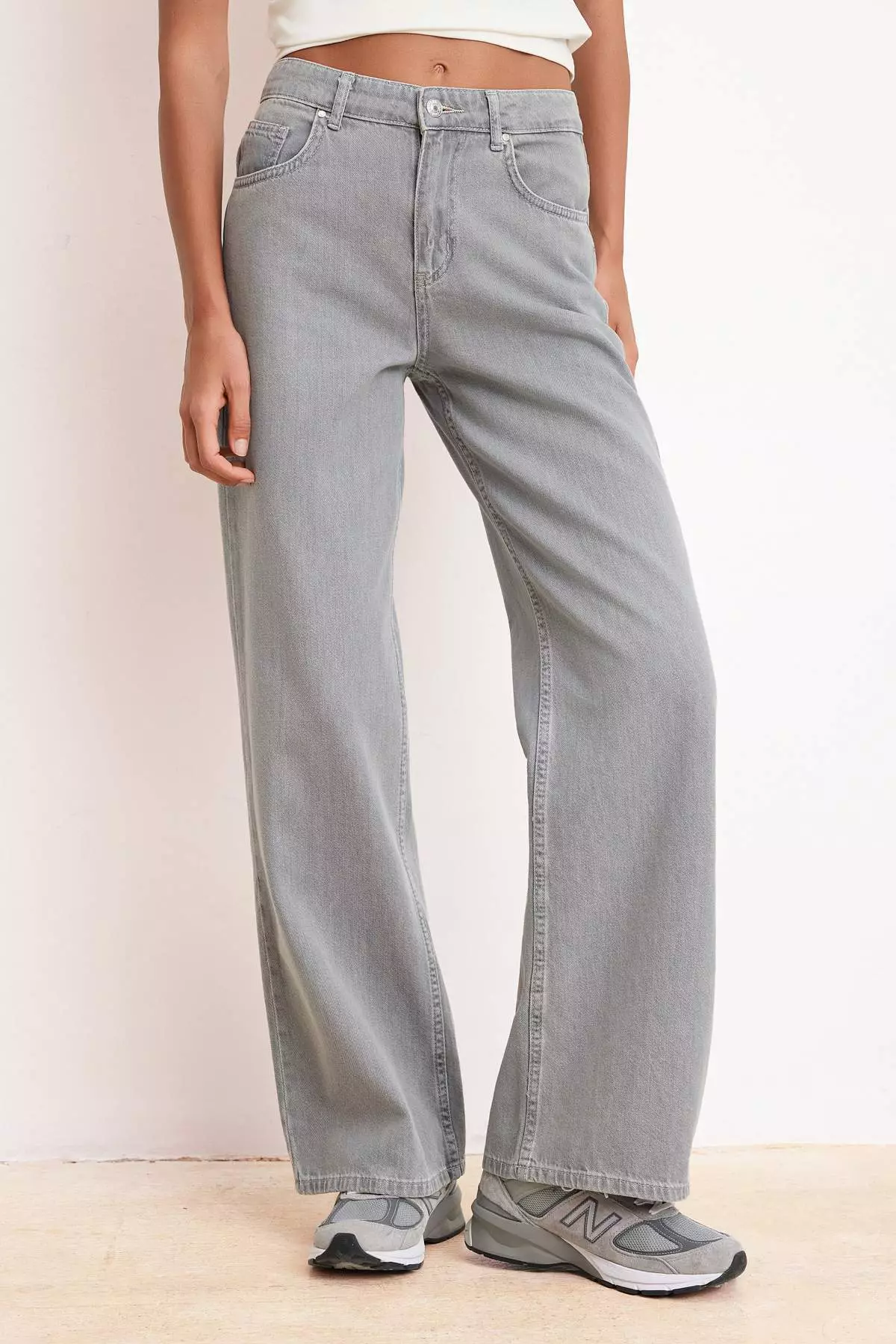 Gray Dumped High Waist Seasonal 1% Cotton Long Length Wi Wide Leg Eans Twoss26Je127