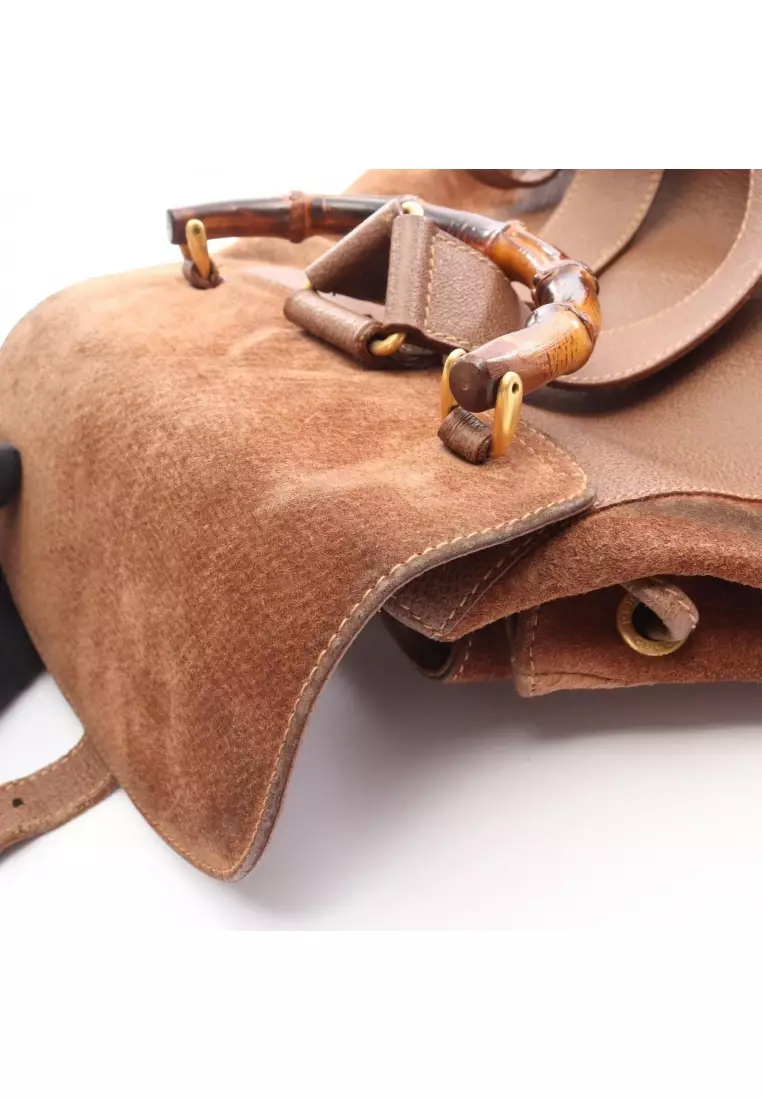 Pre-Loved Gucci Bamboo Backpack rucksack suede leather Brown