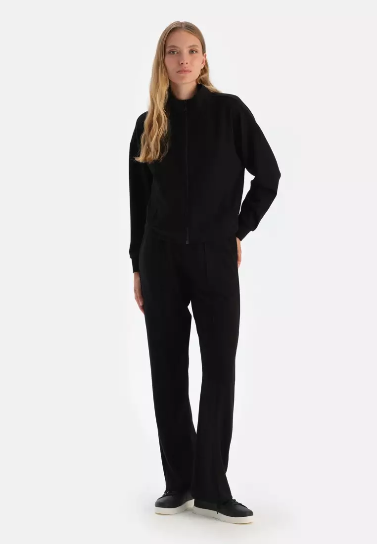 Black Sweatshirt, Standing Collar, Regular Fit, Loungewear for Women