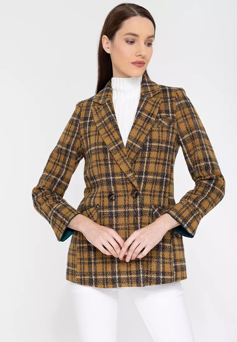 Contrast Cuff Woolen Plaid Blazer