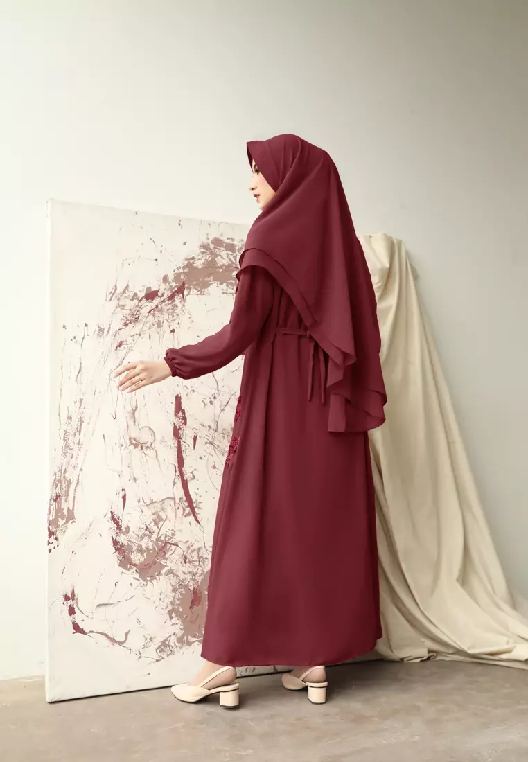Elwisa Dress | Gamis Khimar Brukat | Long Dress - Cherry 