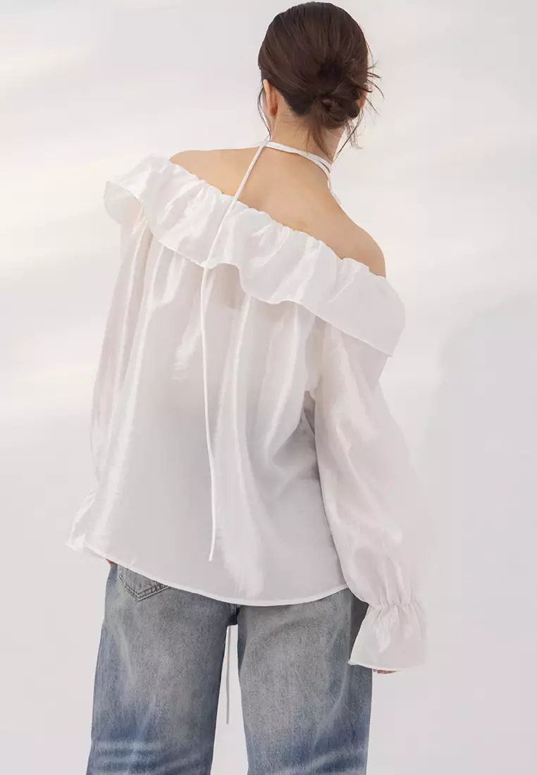 Off-Shoulder Ruffled Shimmer Top With Bateau Neckline and Rose Tie